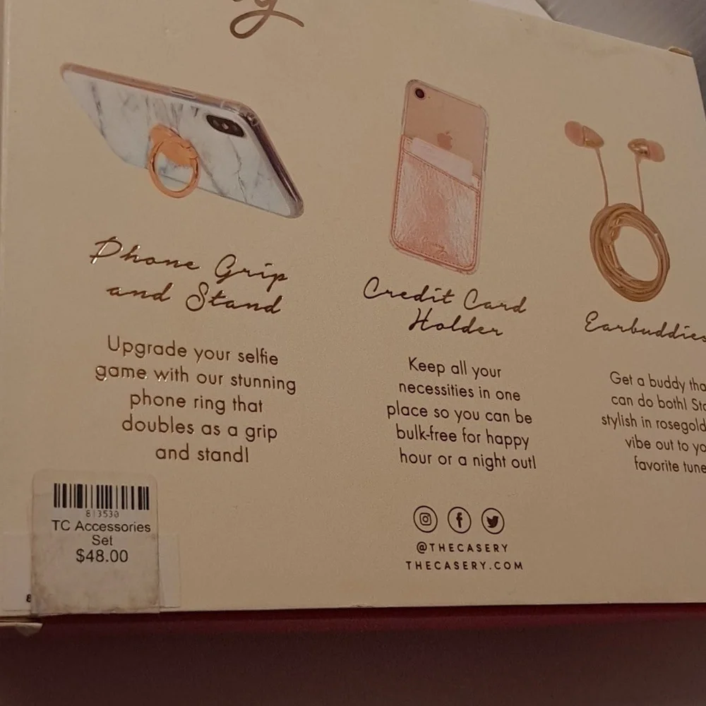 3 CASERY pink-gold Accessories set inc phone ring, ear buddies & phone pocket